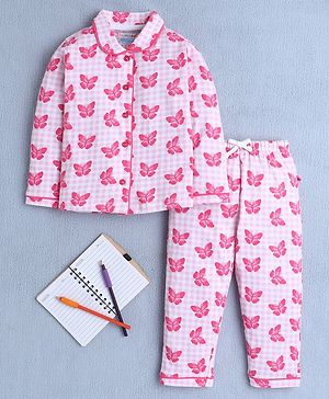 BUMZEE Cotton Knit Full Sleeves Butterfly Printed Co-ord Night Suit - Pink