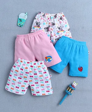 BUMZEE Cotton Knit Above Knee Length
                              Koala & Fruit Printed Shorts Pack of 4
                              - Blue Pink & White