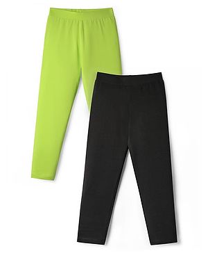 Pine Kids Cotton Lycra Knit Full Length Solid Coloured Leggings Pack Of 2- Black & Green