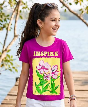 Pine Kids Cotton Knit Half Sleeves T-Shirt With Floral Print - Fuchsia