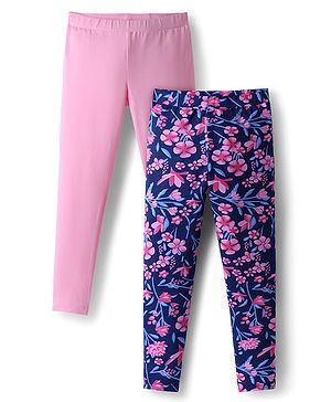 Pine Kids Cotton Knit Full Length Leggings With Floral Print Pack Of 2 - Purple & Pink
