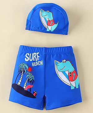 Babyhug Swimming Trunk With Dino Print & Cap - Blue