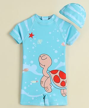 Babyhug Half Raglan Sleeves Legged Swimsuit & Cap - Light Blue
