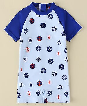 Babyhug Half Raglan Sleeves Legged Swimsuit With Nautical Theme Print - Blue