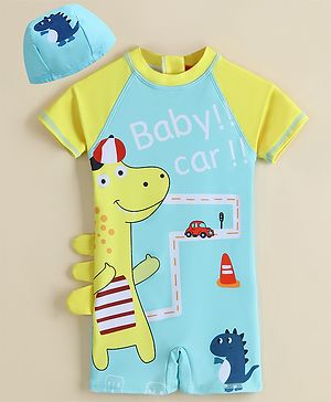 Babyhug Half Sleeves Legged Swimsuit  With Dino Print & Cap - Light Blue