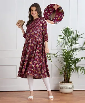 Bella Mama Viscose Woven Three Forth
                              Sleeves Floral Printed Highlighted Yoke
                              Maternity Kurta - Wine