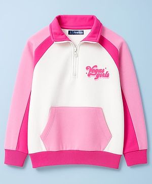 Pine Kids Cotton Knit Full Raglan Sleeves Sweatshirt With Text Print & Kangaroo Pockets - Pink & White