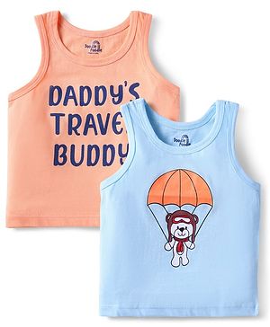 Doodle Poodle 100% Cotton Single Jersey Knit Sleeveless Vests With Text Print Pack Of 2 - Light Blue & Peach