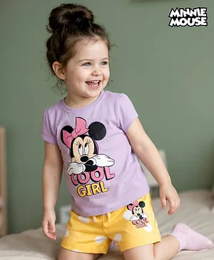 Kookie Kids Disney Single Jersey Knit Half
                      Sleeves Shorts Night Suit With Minnie Mouse
                      Graphics - Purple & Yellow