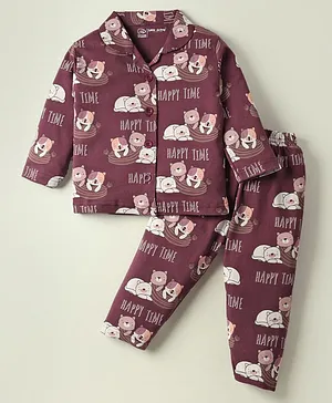 Little Darlings Interlock Knit Full Sleeves Animal Printed Front Open Co-Ords Night Suit - Maroon