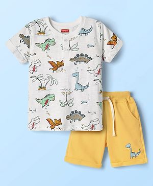 Babyhug Single Jersey Knit Half Sleeves Henley Neck T-Shirt & Shorts Set With Dino Print - White