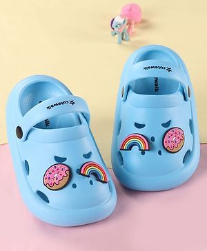 Cute Walk by Babyhug Back Strap Clogs with Donuts & Rainbow Applique - Light Blue