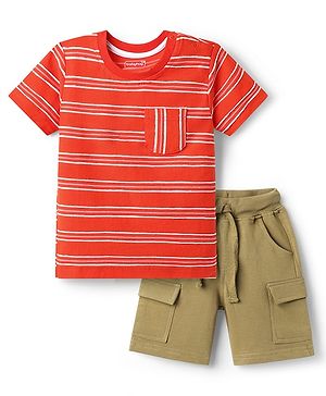 Babyhug Single Jersey Knit Half Sleeves Striped T-Shirt & Shorts Set - Red & Khaki