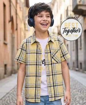 Pine Kids 100% Cotton Half Sleeves Checks Shirt With Text Printed Tank T-Shirt - Yellow & White