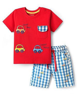 Babyhug Single Jersey Knit Half Sleeves T-Shirt & Checks Shorts Set With Car Embroidery - Red & Blue
