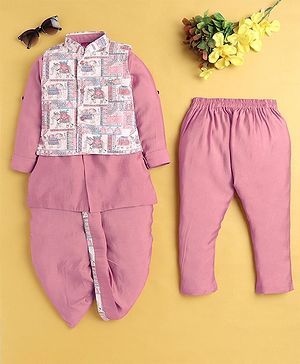 Jeet Ethnics Cotton Blend Full Sleeves Solid Kurta Dhoti & Pyjama With Patola Printed Jacket Set - Pink