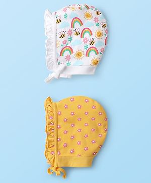 Babyhug 100% Cotton Bonnet Bonnet Caps Floral & Butterfly Print Pack of 2 White & Yellow - Diameter 15 cm