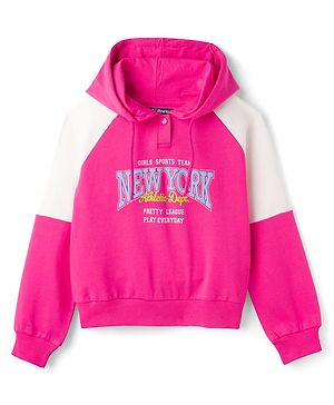 Pine Kids Cotton Knit Full Sleeves Hooded Sweatshirt With New York Print - Dark Pink & White