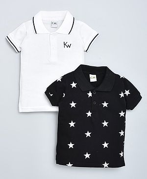 Kiwi Cotton Pack Of 2 Half Sleeves Solid & Stars Printed Polo Tees - White & Black