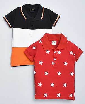 Kiwi Cotton Pack Of 2 Half Sleeves Colour Blocked & Stars Printed Polo Tees - Black & Red