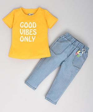 Kiwi Cotton Half Sleeves Good Vibes Only Text Printed Tee With Jeans - Gold & Sky Blue