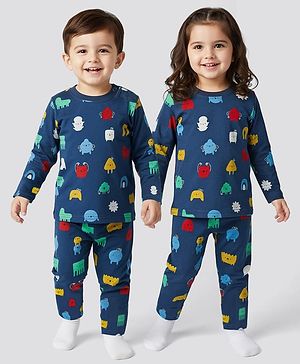 Babyhug Cotton Knit Full Sleeves Printed Co-Ord Night Suit - Navy Blue