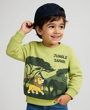 Babyhug Cotton Knit Full Sleeves Sweatshirt With Jungle Print - Light Green