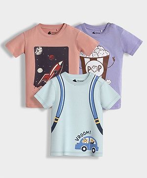 Orange Sugar 100% Cotton Knit Pack Of 3 Half Sleeves Popcorn & Space Theme Printed Tees - Multi Colour