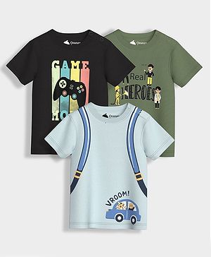 Orange Sugar 100% Cotton Knit Pack Of 3 Half Sleeves Game Mode & Real Heroes Text Printed Tees - Multi Colour