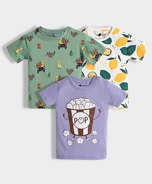 Orange Sugar 100% Cotton Knit Pack Of 3 Half Sleeves Lemon & Popcorn Printed Tees - Multi Colour
