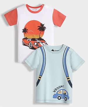 Orange Sugar 100% Cotton Knit Pack Of 2 Half Sleeves Car & Bag Printed Tees - White & Light Blue