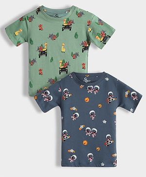 Orange Sugar 100% Cotton Knit Pack Of 2 Half Sleeves Animals & Astronaut Printed Tees - Green & Navy Blue
