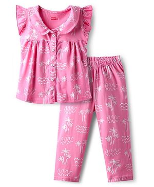 Babyhug Cotton Knit Frill Sleeves Co-ords Front Open Night Suit With Floral Print - Pink