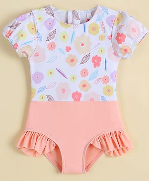 Babyhug Half Sleeves Printed V Cut Swimsuit - Pink