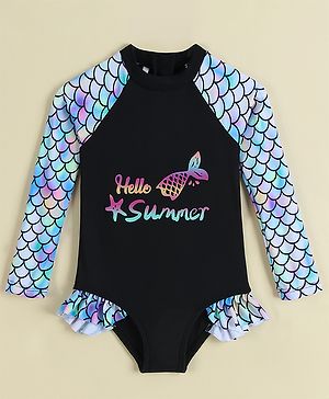 Babyhug Full Sleeves Printed V Cut Swimsuit - Black