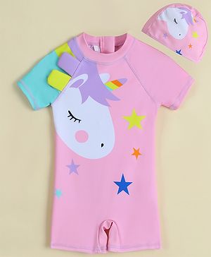 Babyhug Half Raglan Sleeves Legged Swimsuit With Unicorn Print & Cap - Pink