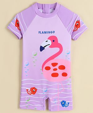 Babyhug Half Raglan Sleeves Legged Swimsuit With Flamingo Print - Purple