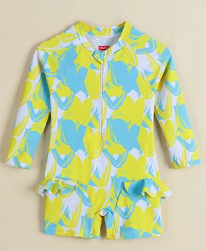 Babyhug Full Sleeves Legged Swimsuit With Abstract Print - Yellow