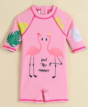 Babyhug Half Raglan Sleeves Legged Swimsuit With Bird Print - Pink