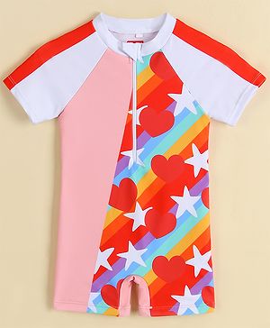 Babyhug Half Raglan Sleeves Printed Legged Swimsuit - Red