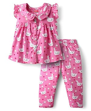 Babyhug 100% Cotton Knit Frill Sleeves Co-ords Front Open Night Suit With Floral Print - Pink