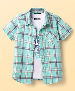 Pine Kids Cotton Woven Half Sleeves Checkered Shirt With T-Shirt - Aqua