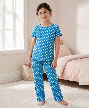 Pine Kids Single Jersey Knit Half Sleeves Co-ords Night Suit With Star Print - Teal Blue