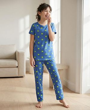 Pine Kids Single Jersey Knit Half Sleeves Co-Ord Night Suit With Star Print - Blue