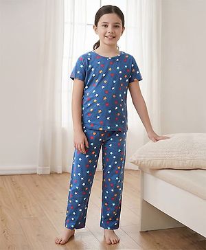 Pine Kids Single Jersey Knit Half Sleeves Co-Ord Night Suit With Star Print - Blue