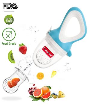 Babyhug Fruit & Food Nibbler with Easy Grip Handle - Blue| Food Grade| Introduction to New Food| Bite-Resistant Silicone Pouch| Easy Grip Handle| Hygienic Flip Cap