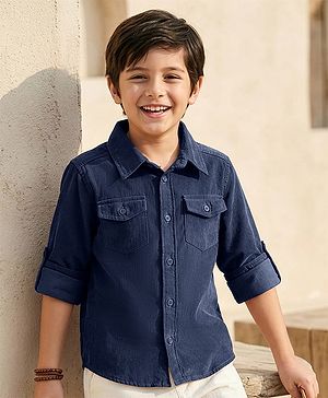 Pine Kids Corduroy Woven Full Sleeves Solid Shirt with Front Pockets - Navy Blue