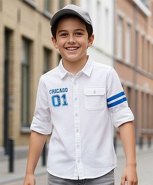 Pine Kids Cotton Woven Full Sleeves Shirt With Sport Theme Print - White