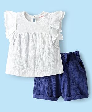 Babyhug Single Jersey Knit Frill Sleeves Solid Coloured Top & Short Set - White & Navy Blue