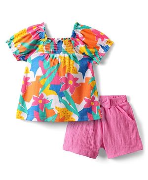 Babyhug Single Jersey Knit Half Sleeves Top & Shorts Set with Floral Print & Bow Applique - Multicolor & Pink
